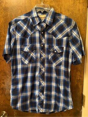 Wrangler Blue and White Plaid Short-Sleeve Western Shirt
